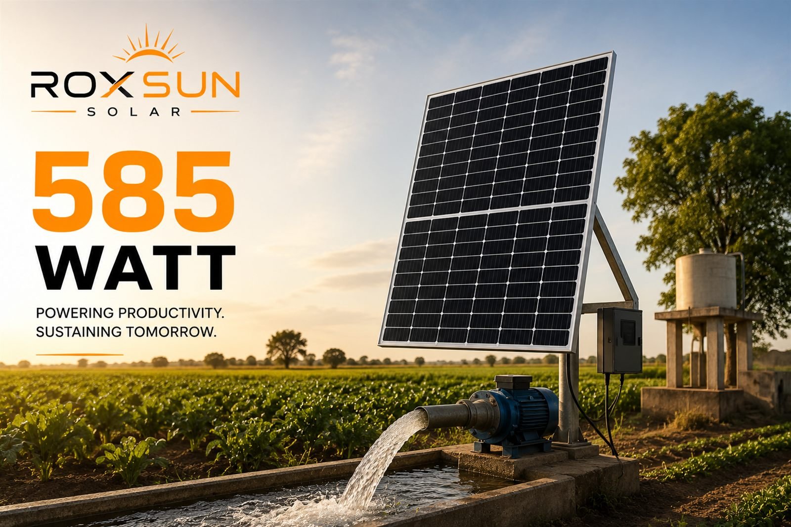 RoxSun 585 W module powering a solar tube well on farmland